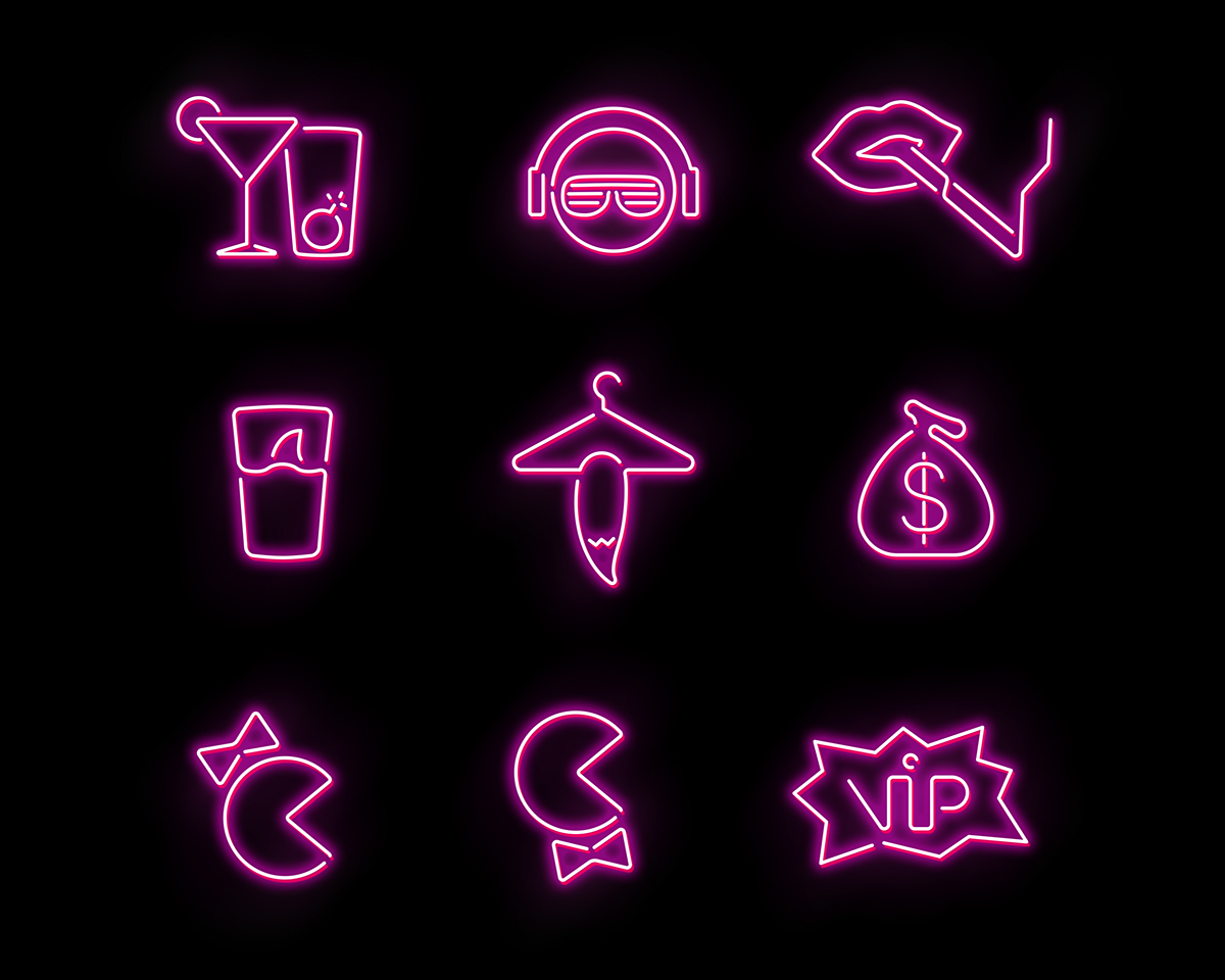 icons Icon  way finding  club  Nightlife nightclub Signage neon Neon Light Tubes Vip pac man glowing