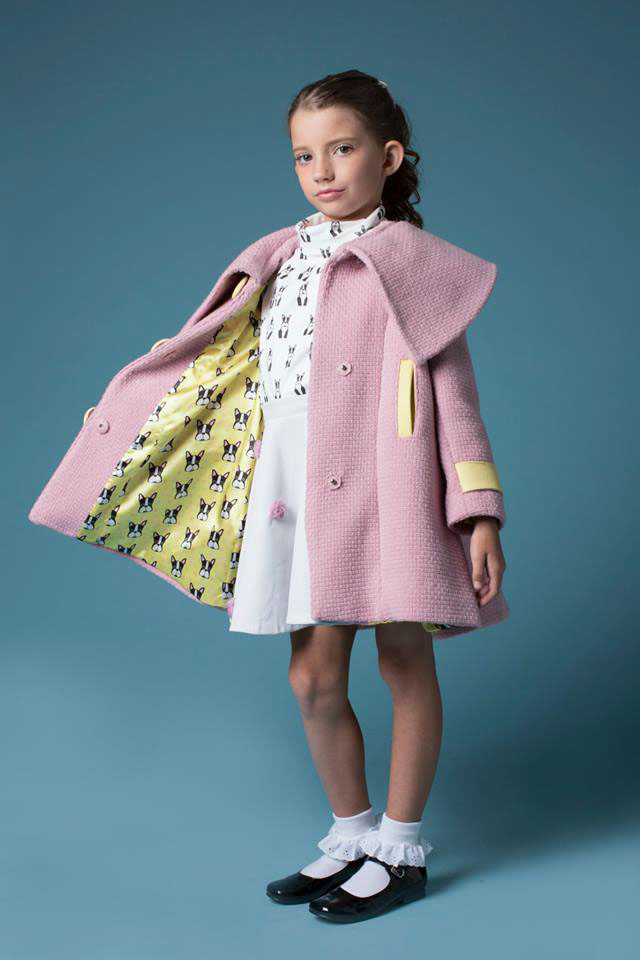 Childrenswear children coat 1960s pink yellow wool leather dog print boston terrior nostalgia modern SCAD
