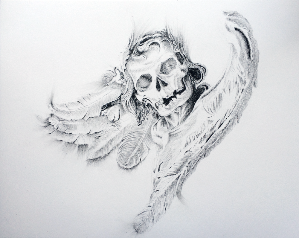 skull putto Rome Italy sculpture graphite charcoal vellum Flying
