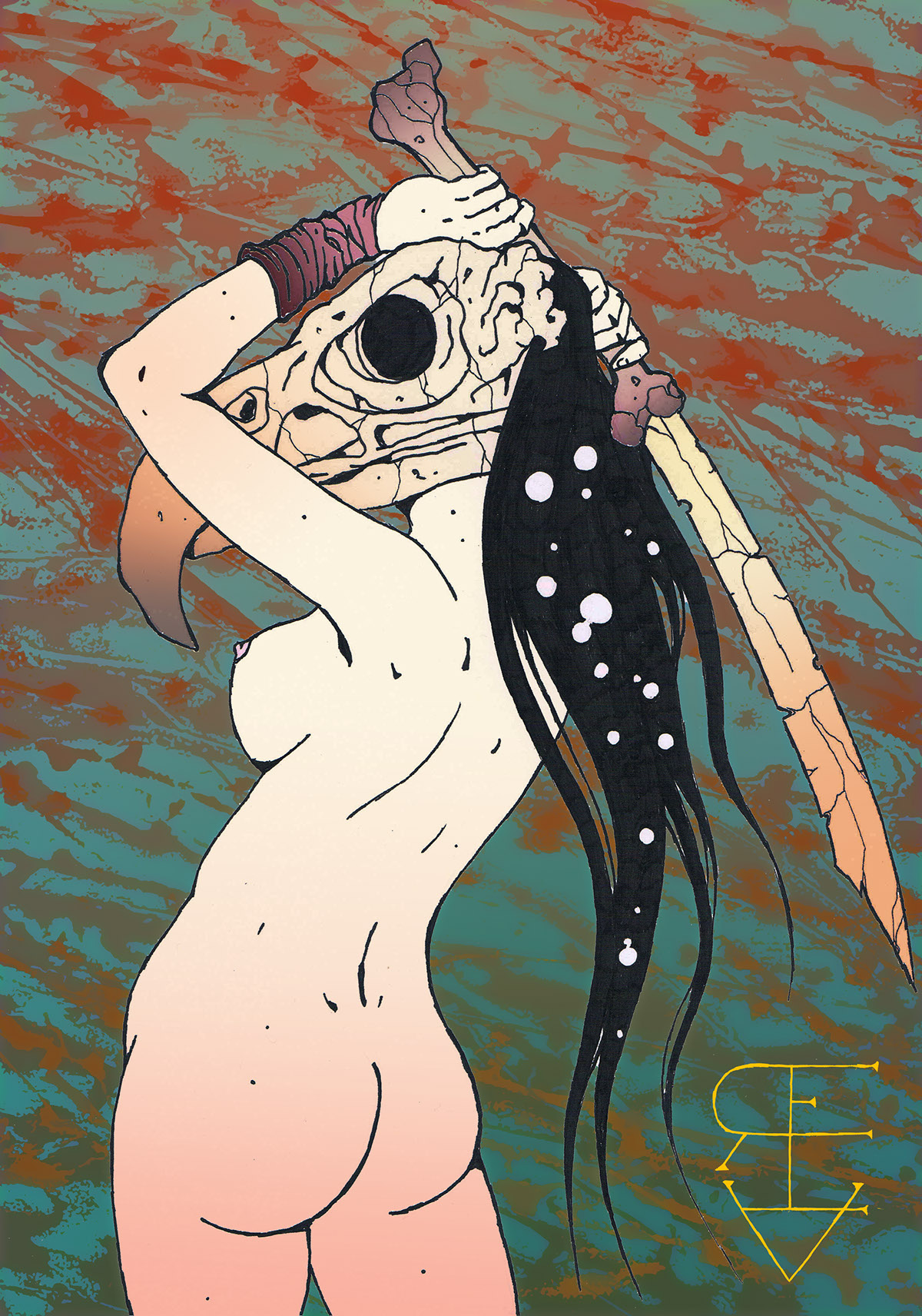 Ancient warrior nude woman skull bones raptor Sword fight fantasy dark avant garde Space  stars