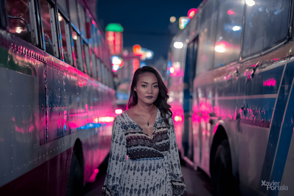 portrait Bangkok night Street Urban woman beauty lifestyle Thailand electric