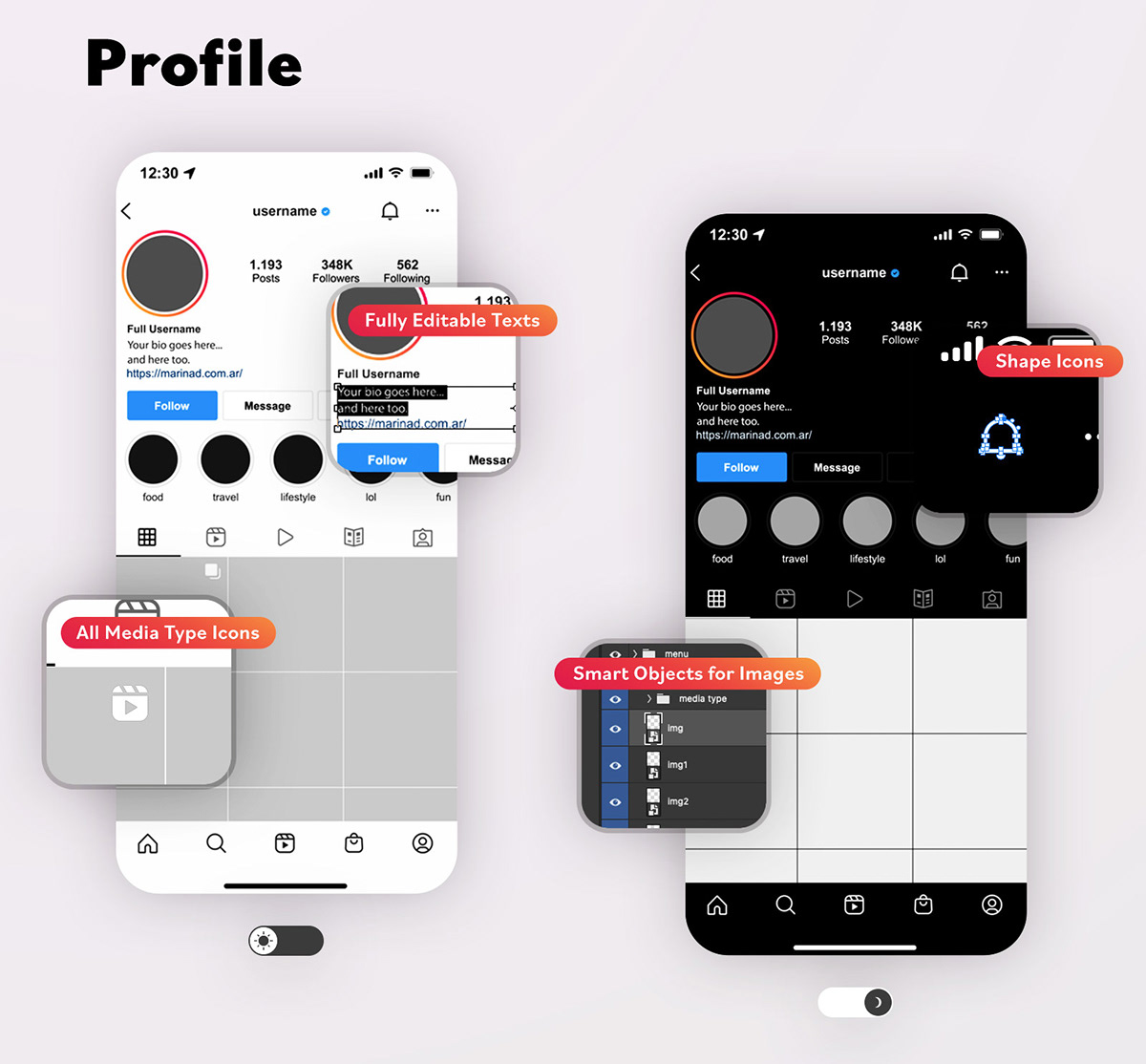 FREE Instagram Feed and Profile PSD UI Light/Dark Mode on Behance