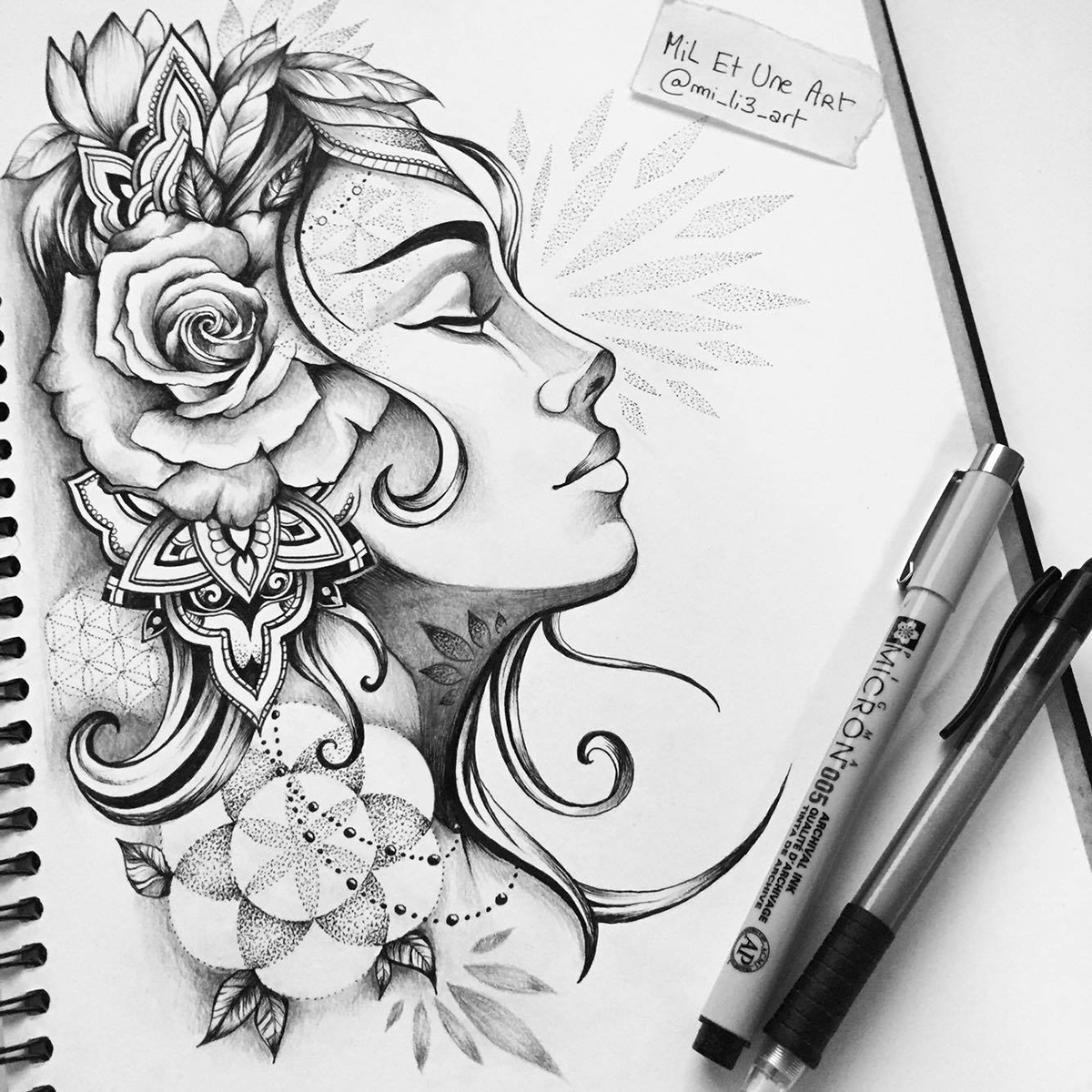 pen and ink visionary art tattoo black and white neo traditional portrait rose Nature Flowers mil et une