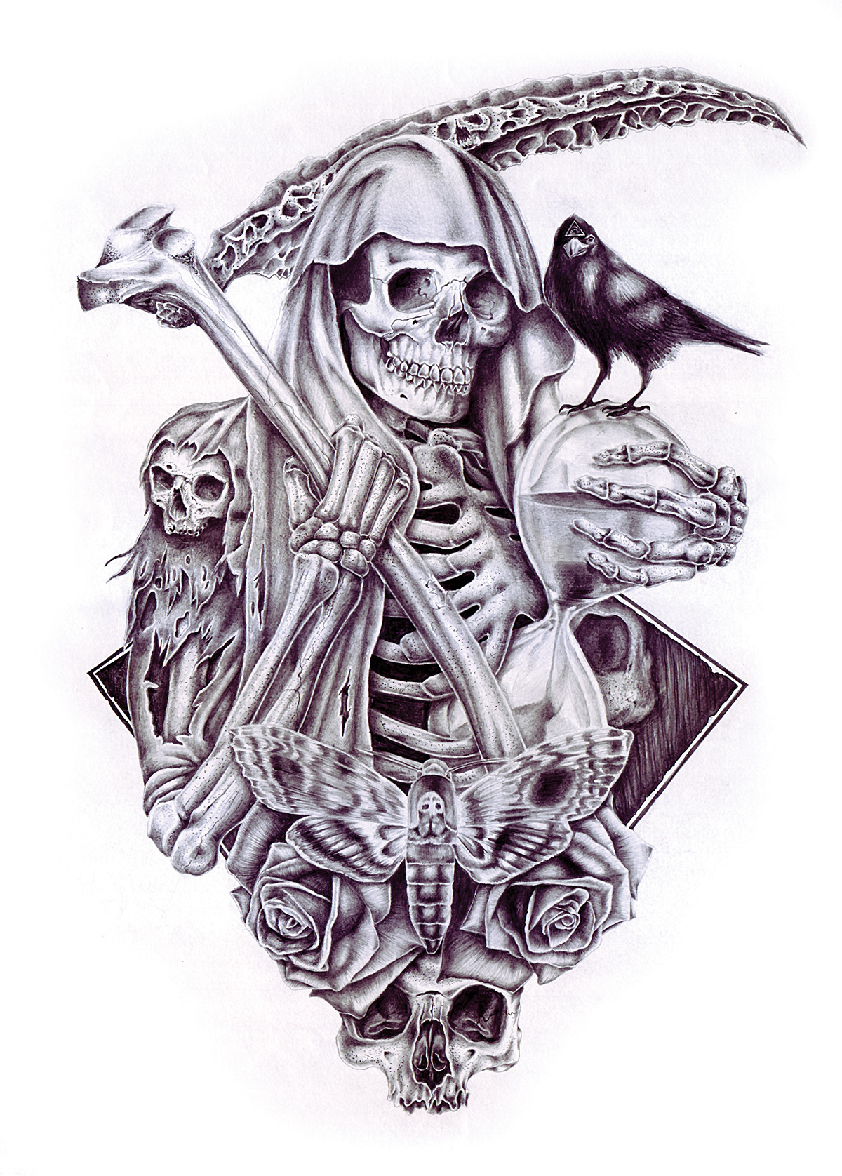 tshirt t-shirt grim reaper grim reaper skull skulls crow Tshirt Design T-Shirt Design t-shirt illustration Pencil drawing bones bone drawing