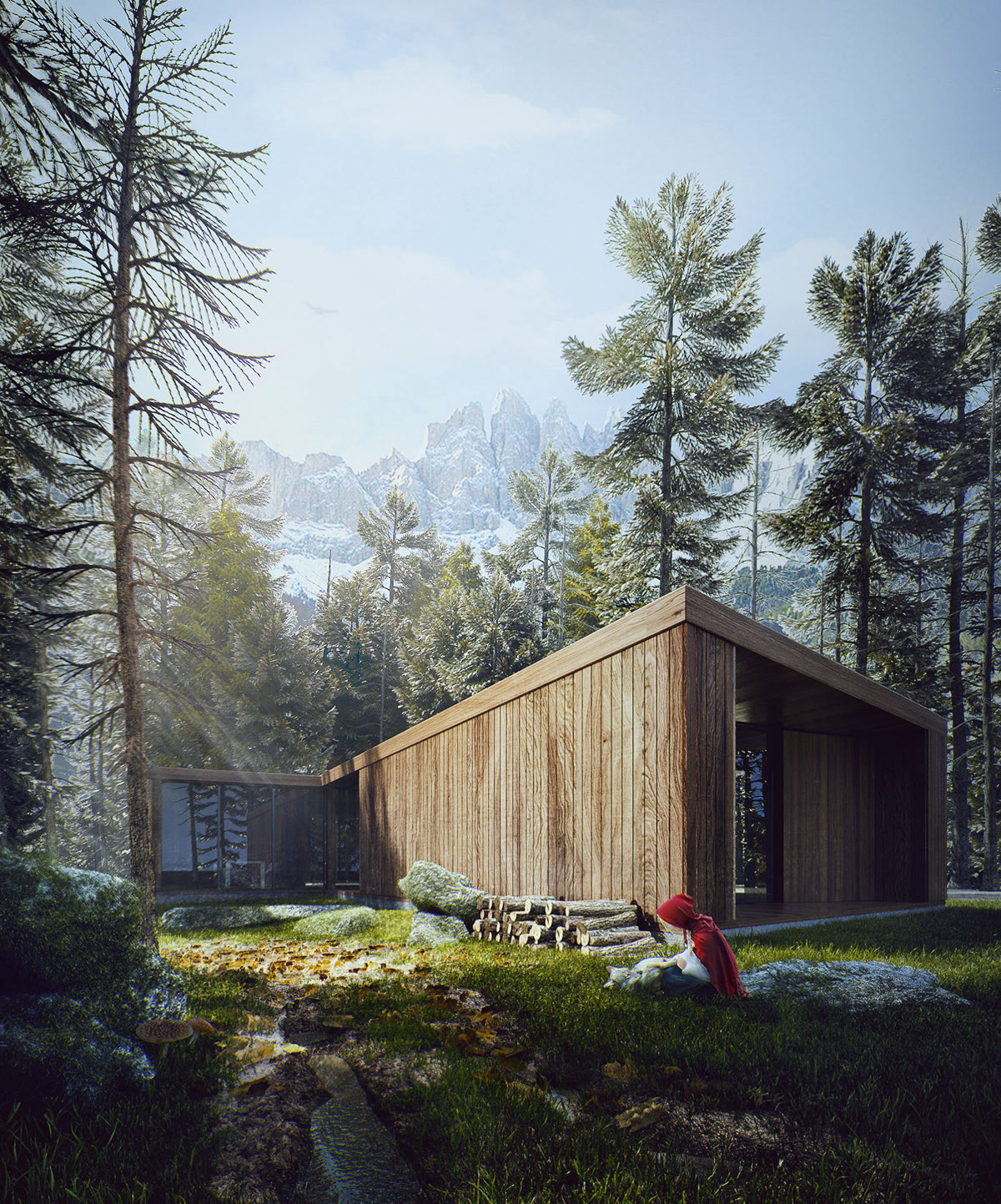 modern house Architecture Visualization Nature Red riding hood florest wolf Landscape vray 3dsmax Render