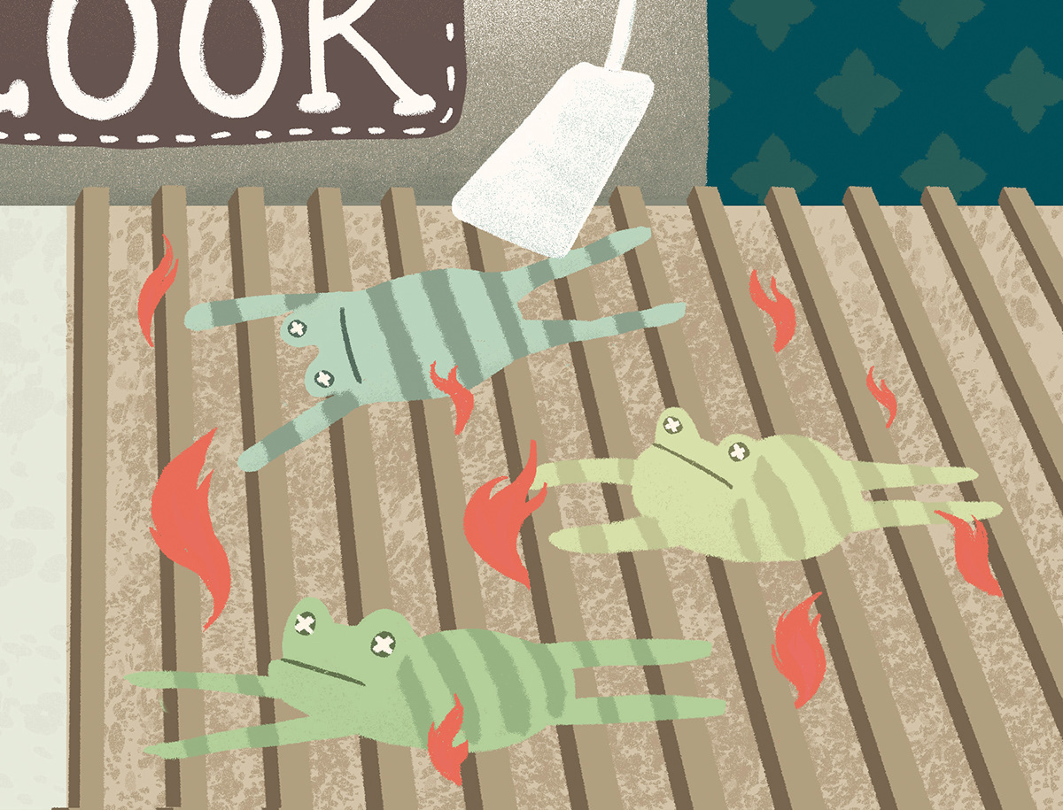 art editorial frogfolio frog Fly cook fry cook Kiss the cook frog legs Culinary chef grill Editorial Illustration