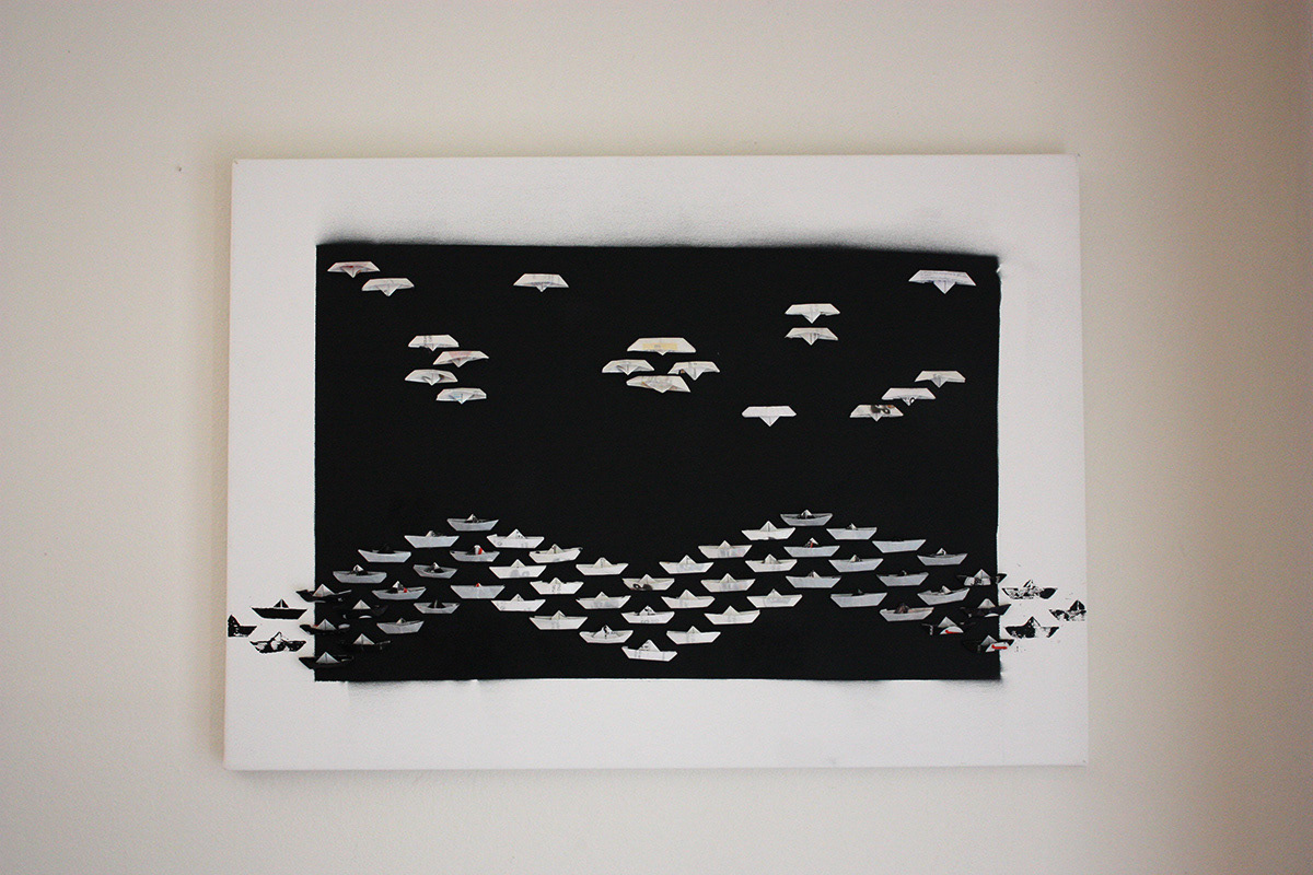 boat ship paper origami  canvas acrylic pattern linocut collage black White