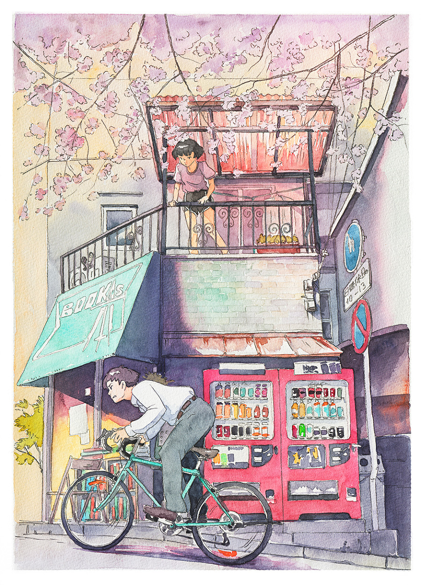 Adobe Portfolio boy Bicycle japan tokyo miyazaki Ghibli Watercolours watercolors analog hand Painted