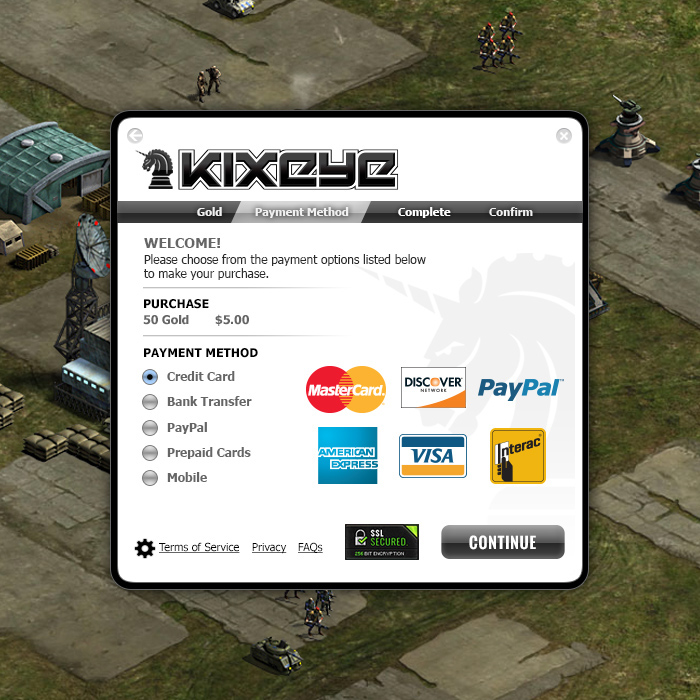 Kixeye payments modal design widget