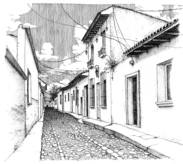Antigua Guatemala ink city black and white