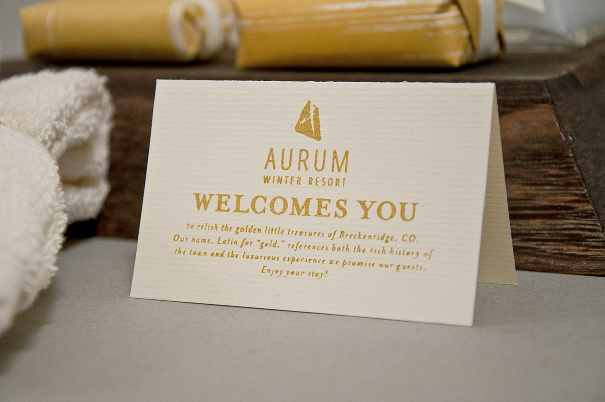 Aurum winter resort hotel soap shampoo towels notebook Stationery letterhead business card process book map brochure