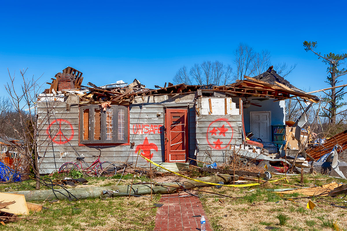 The 2020 Nashville tornado in Five Points, East Nashville, TN,  showing Tornado Damage. Holly Street