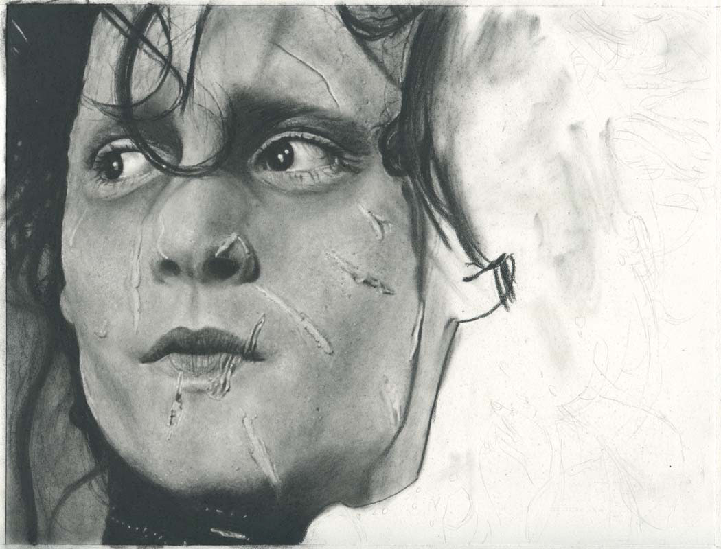 edward scissorhands johnny depp portrait fanart Tim Burton charcoal pencil Portraiture