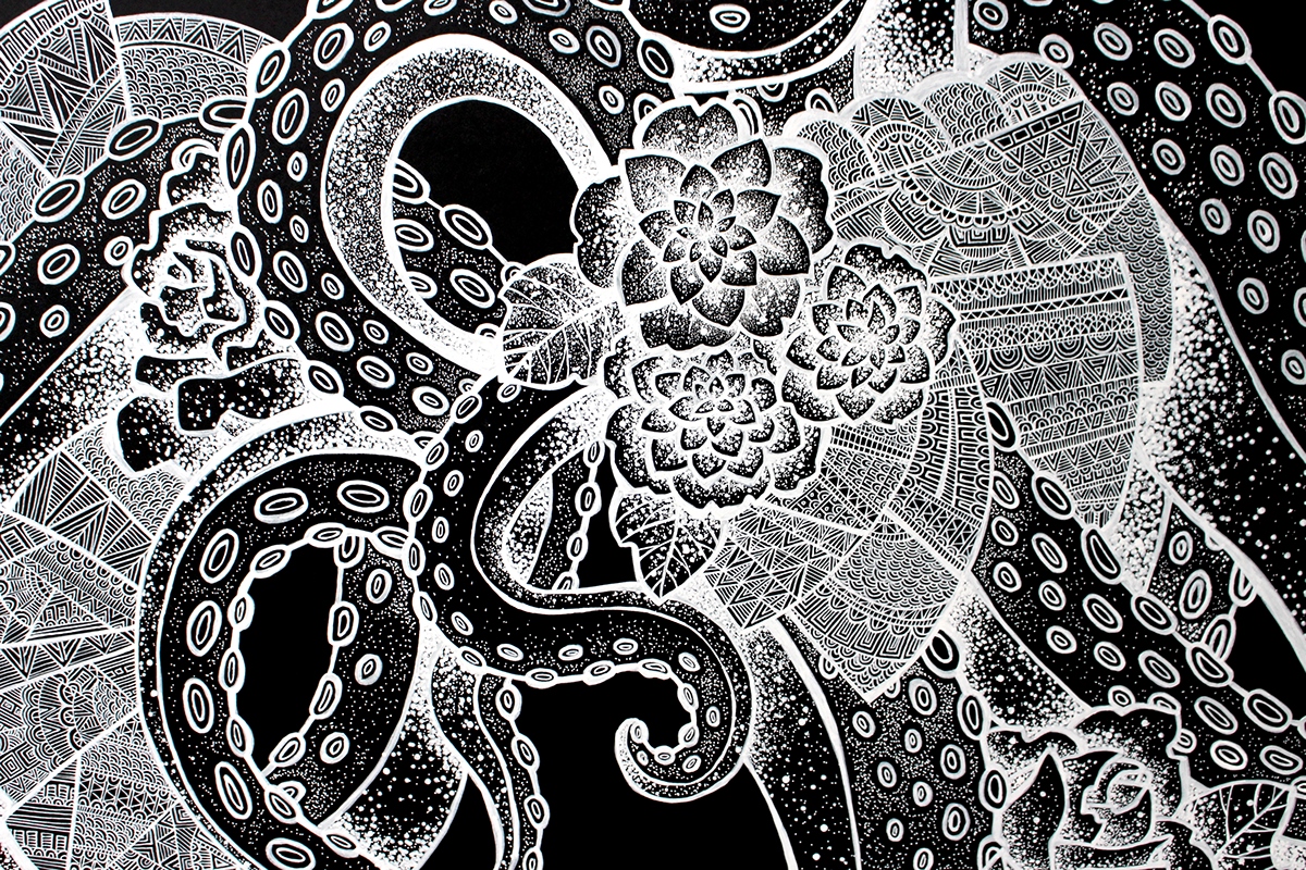 illustrations drawings sketch pen ink tentacles Flowers Roses camellias blackandwhite graphic design pattern graphicdesigns Patterns