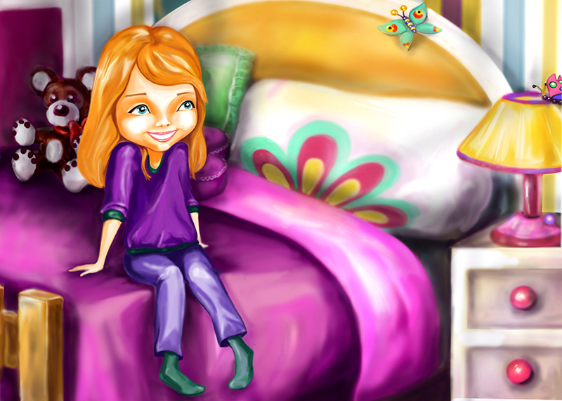 little girl room cute pink bed smiling Golden Hair blonde happy Teddy child Character Blue Eyes purple
