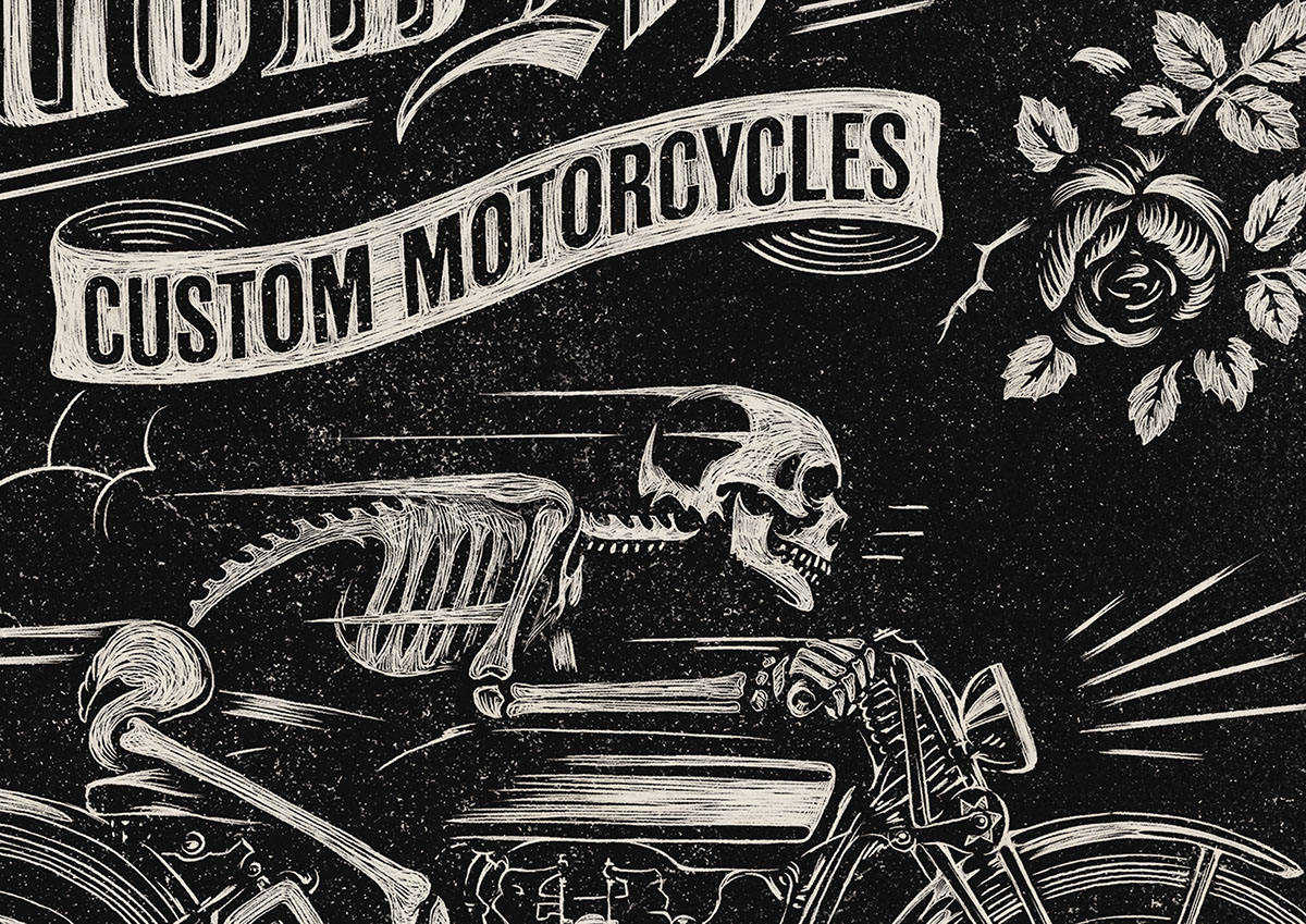 Widow maker  rock roll poster hand drawn chalk motorcycle rose vintage skeleton skull