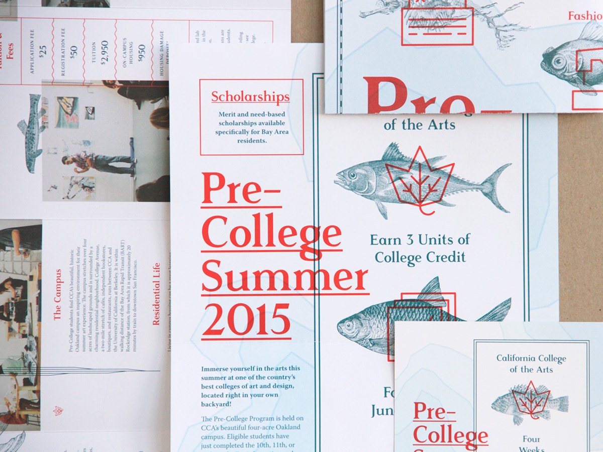 Pre-college High School Education rasmus fish icons set teal red Collateral school California poster postcard brochure