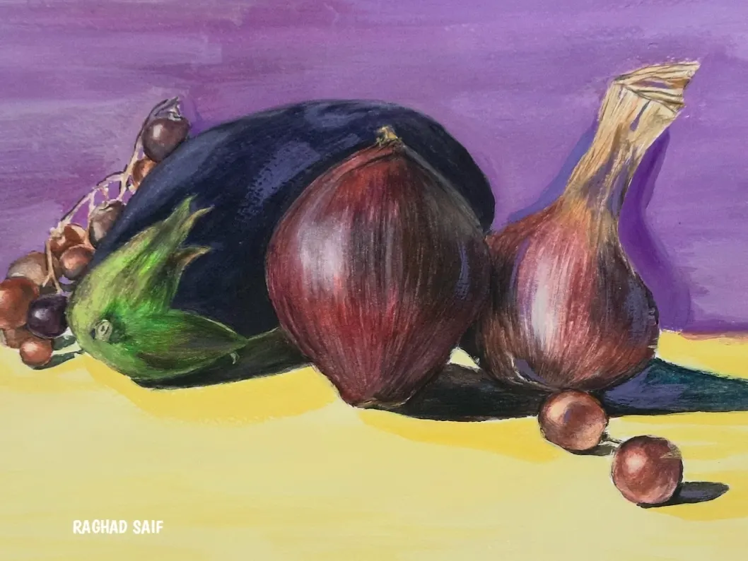 Gouche painting   composition still life vegetables purple