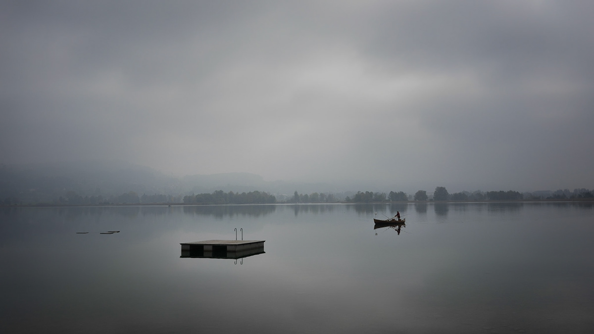 lake hills fog Fall Switzerland Landscape fisherboat Pfaeffikon Melancholy water