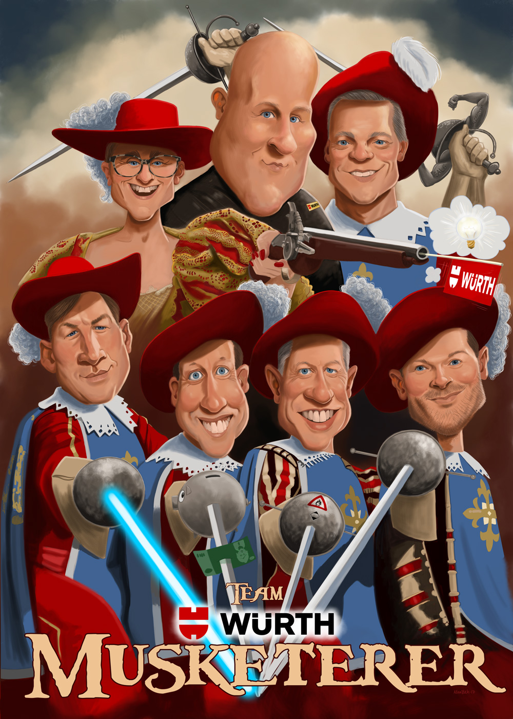 Adobe Portfolio Filmplakat karikatur musketeer portræt gruppe team