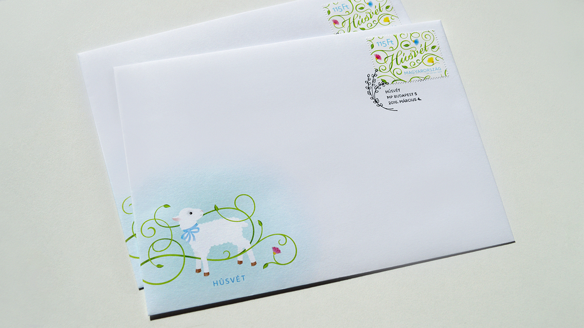 postage stamp stamp post hungary Easter lettering flourish ornamental decorative Tendril Nature lamb bird flower