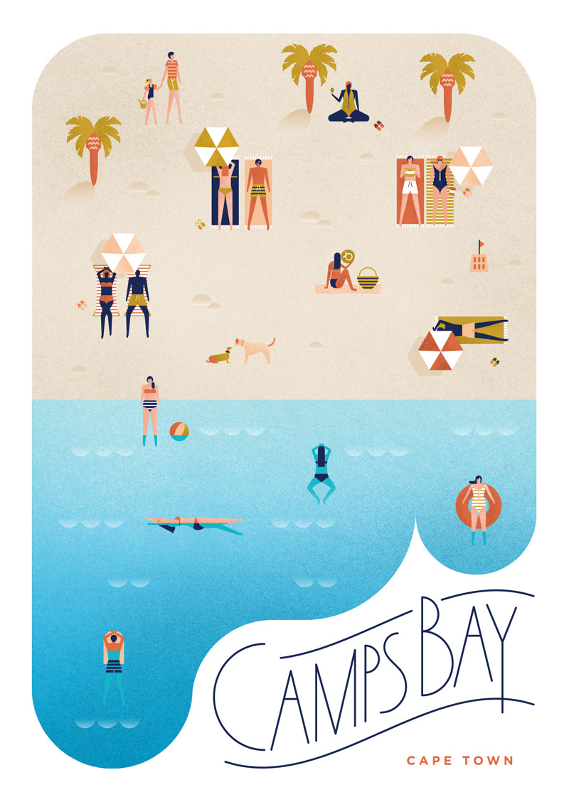 postcards cape town summer ILLUSTRATION  Vector Illustration swimming sea beach botanical gardens