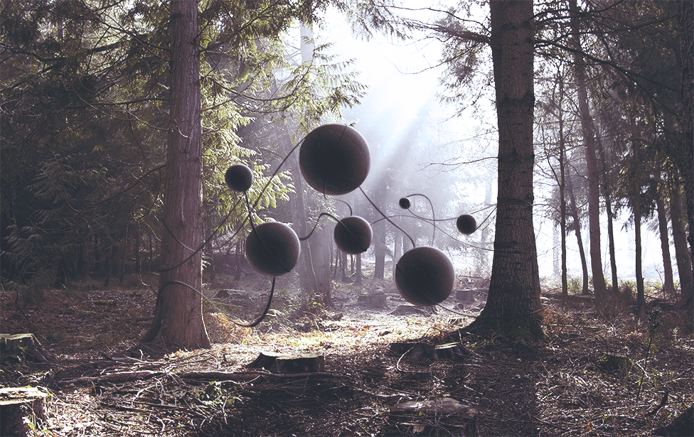 photomanipulation surreal orbs spheres encide forest Nature Technology fusion