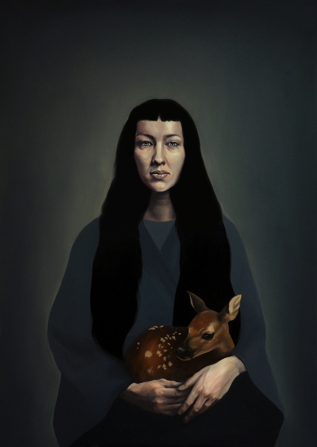 Portrait painting girl face realistic deer oil on canvas melancholic romantic