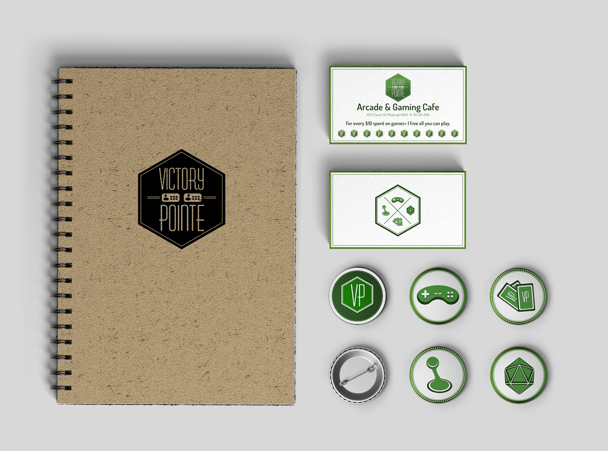 cup Coasters banner buttons Note book brand eco bag buisness card Outdoor sign green Collateral Victory Pointe arcade
