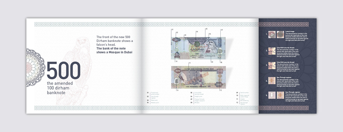 Banknote cash money denaro coin UAE brochure pattern colorful texture clean minimal