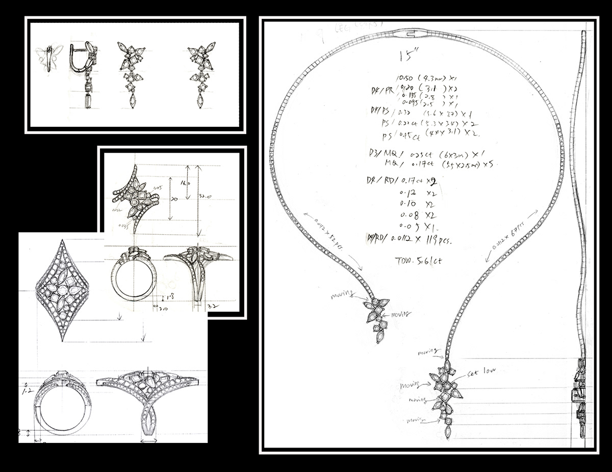jewelry fine jewelry diamonds bridal color stone hand drawn handsketch jewerly design gouache jewelry rendering jewelry manufacturing