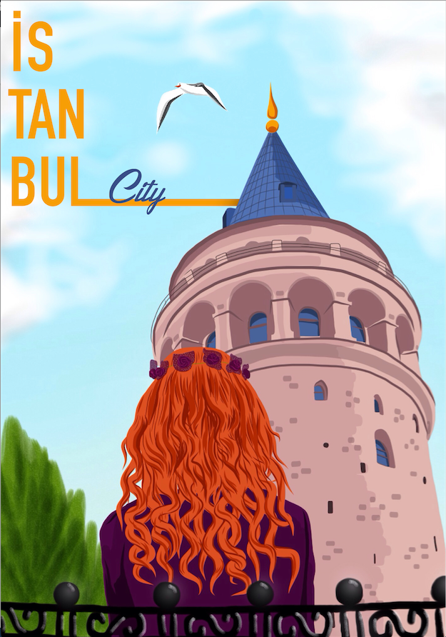 istanbul city galata iksv kızkulesi girl orange night star purple bosphorus sea SKY tower poster