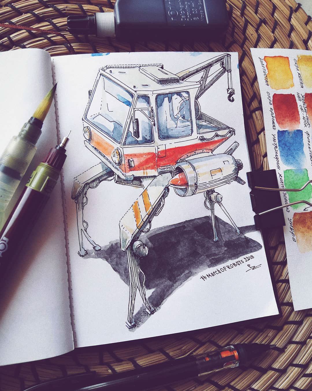 ILLUSTRATION  March of robots Character design  concept art sketching Drawing  watercolor Game Development TRADITIONAL ART woodcut