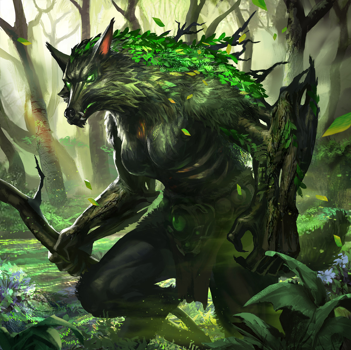 Three werewolves at night forest mtg fantasy art