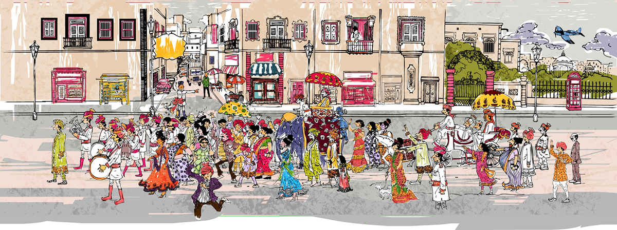 Website website template Cartoons carricature marriage India Street musicians celebration dancing crowd festival lines baraat
