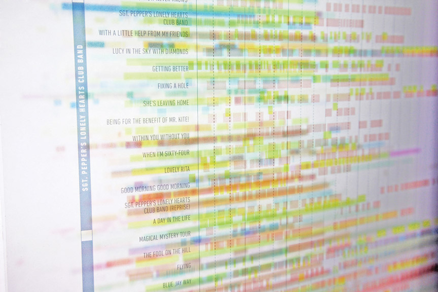 kaleidoscope eyes Beatles timeline infographic instruments multitrack layer colors transparencies projection Tisha Boonyawatana 3D installation