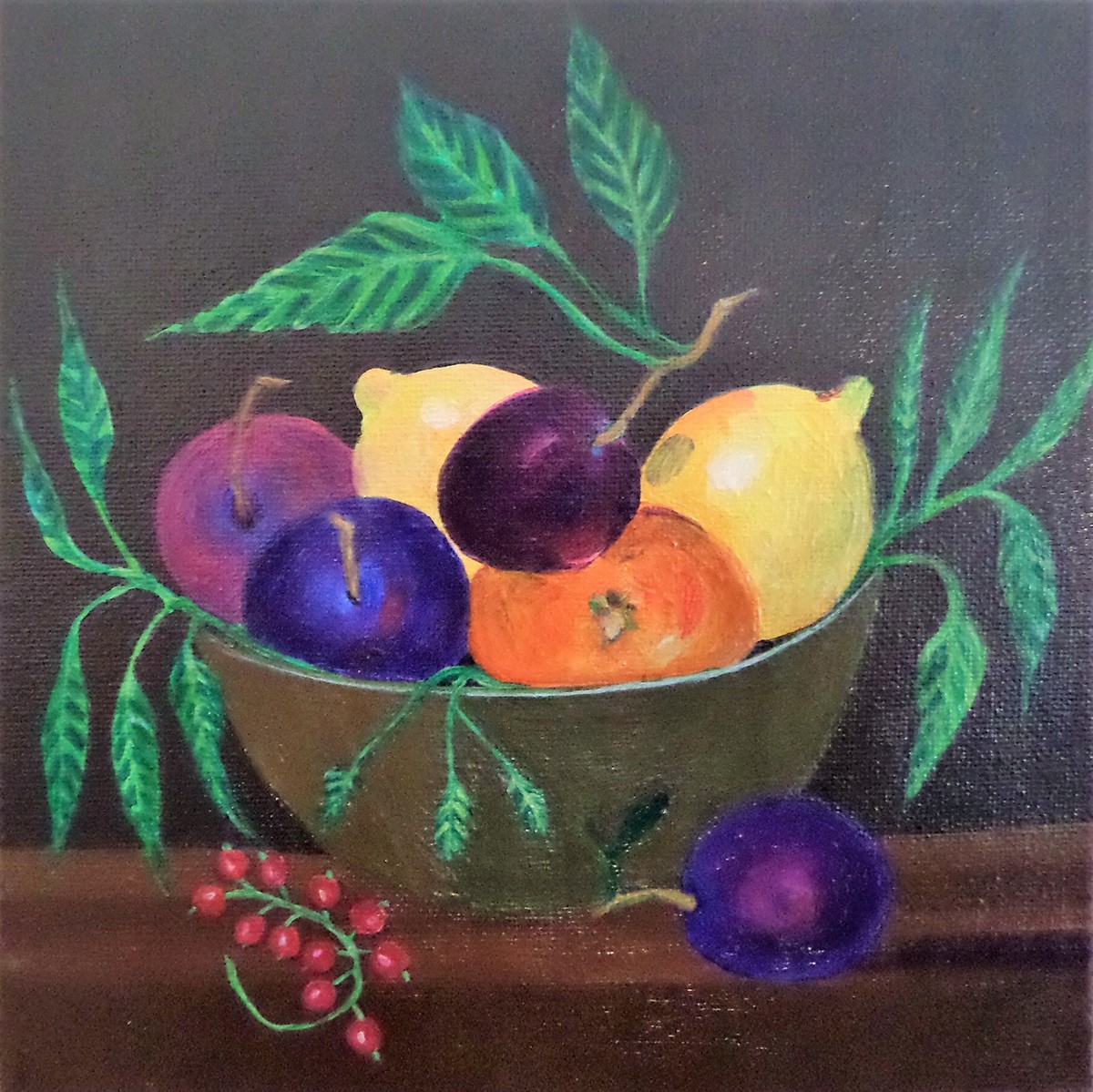 stilllife fruits vegetables acrylic paint Plum lemon mandarine leaves