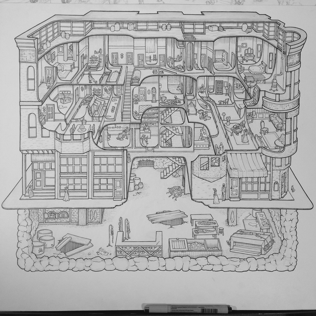 cutaway cross-section penandink