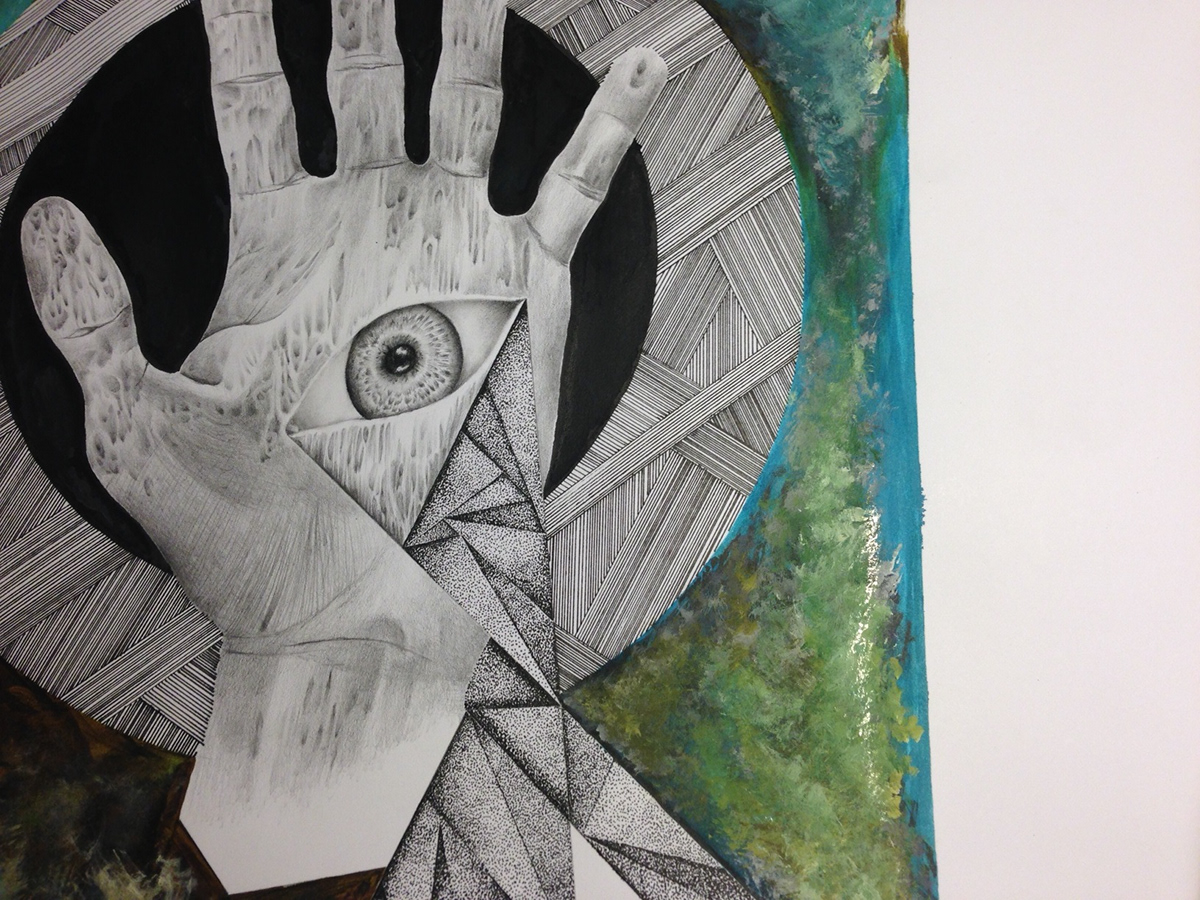 hamsa hand clouds geometry color graphite ink water color illusion psychedelic eye detail texture Landscape acid art