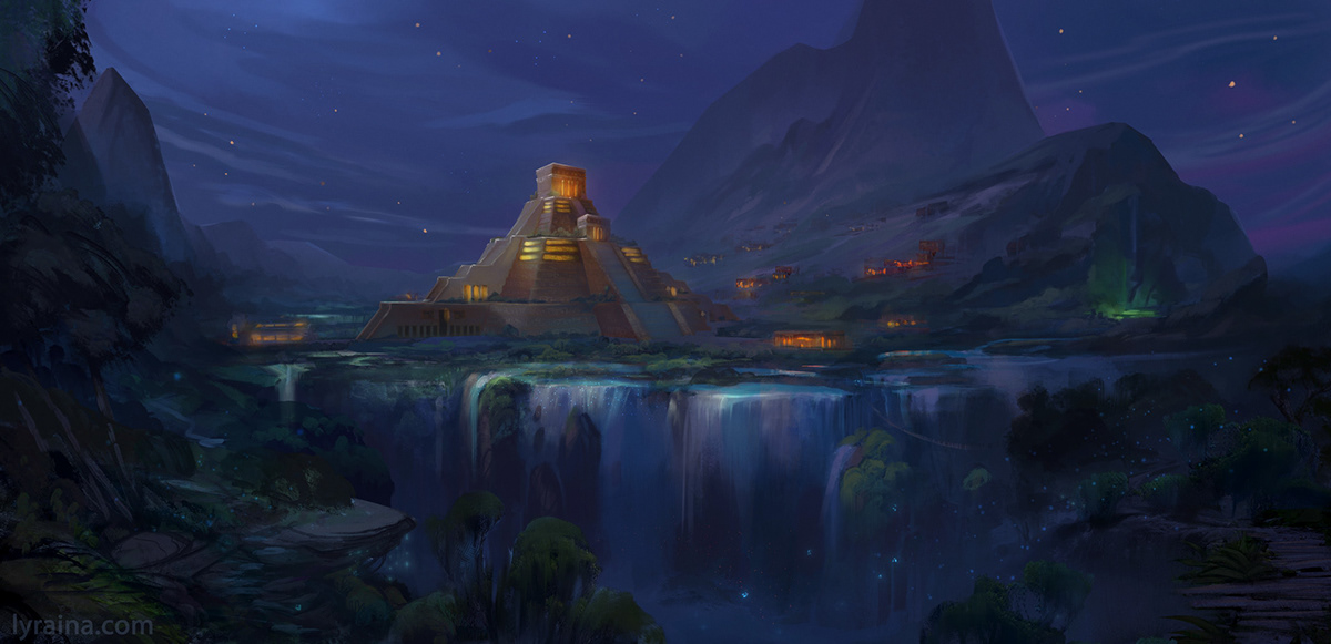 Fully painted digital illustration of a mesoamerican fantasy town, latin america aztec maya inspired