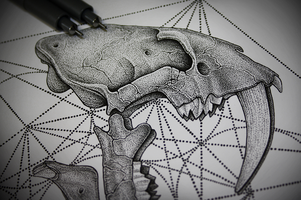 dotwork stippling skulls darkart cat skulls saber-toothed metatron Pointillism music art art print design