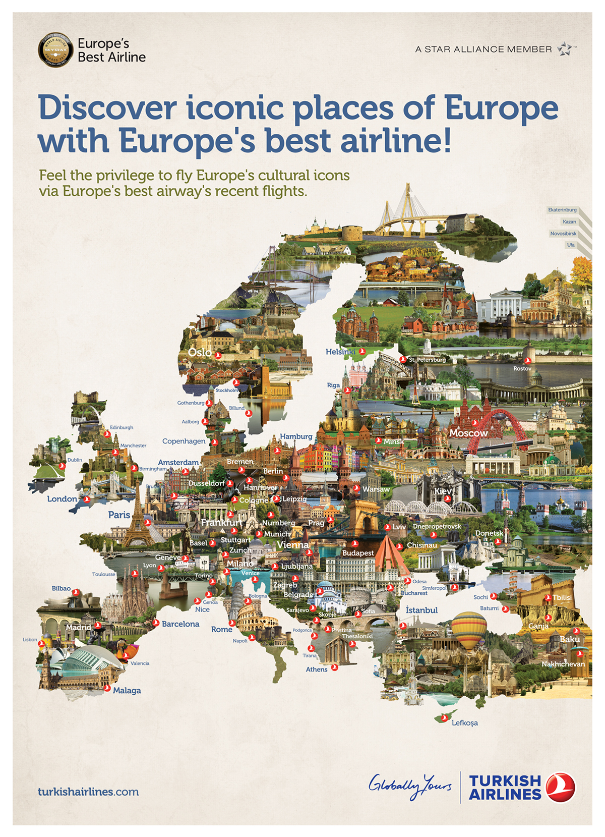Turkish Airlines Europe print continent map 