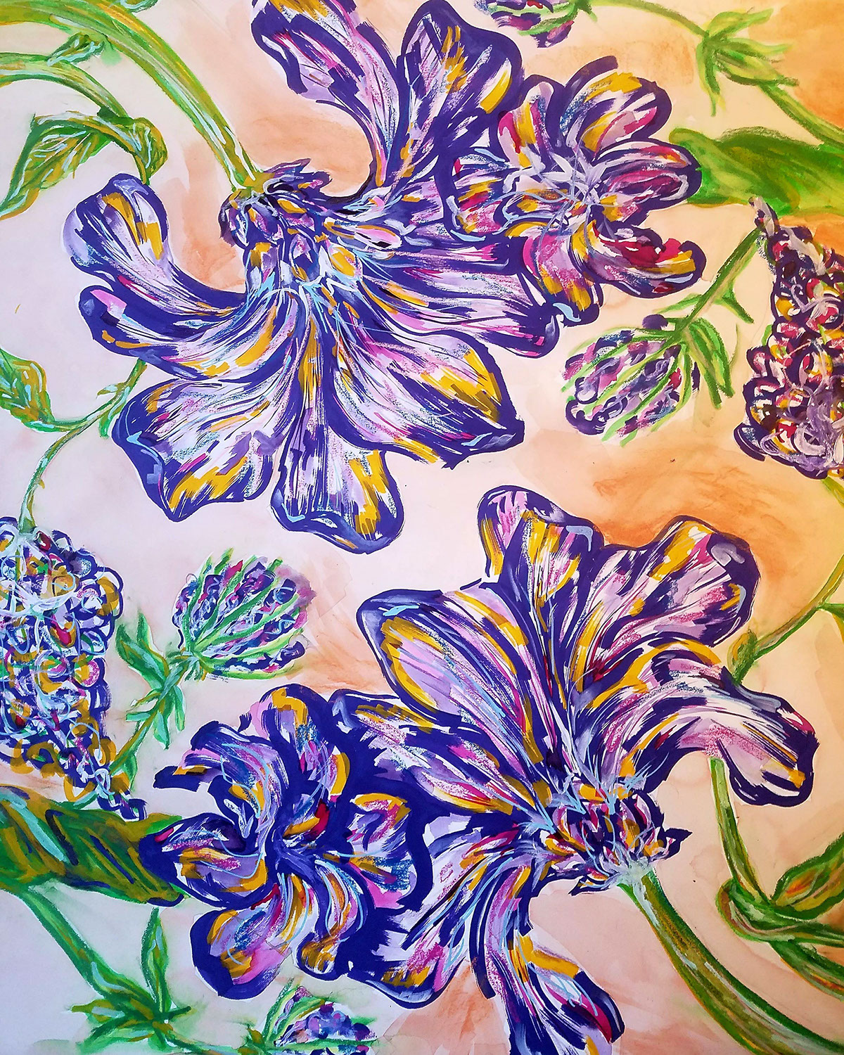 pattern design  Flowers coloful design art green purple repeat Textiles