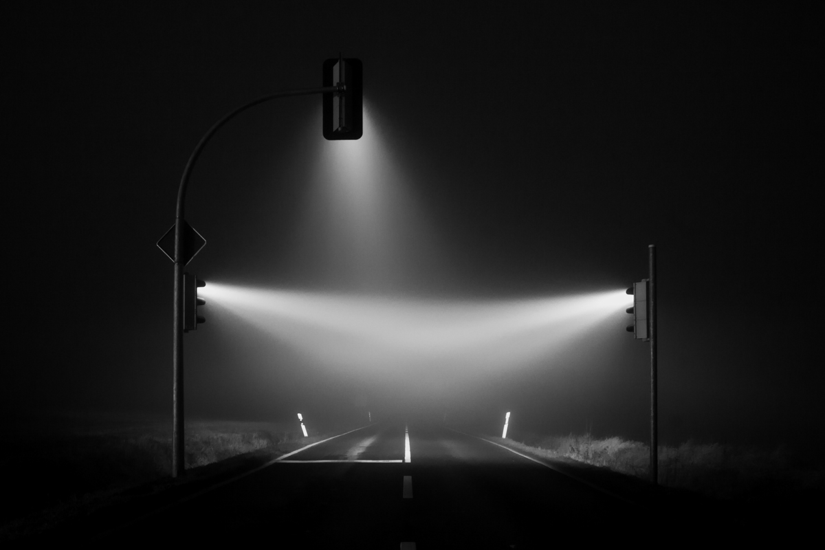 traffic lights night visible light mist fog soft light available light long exposure red orange greeen