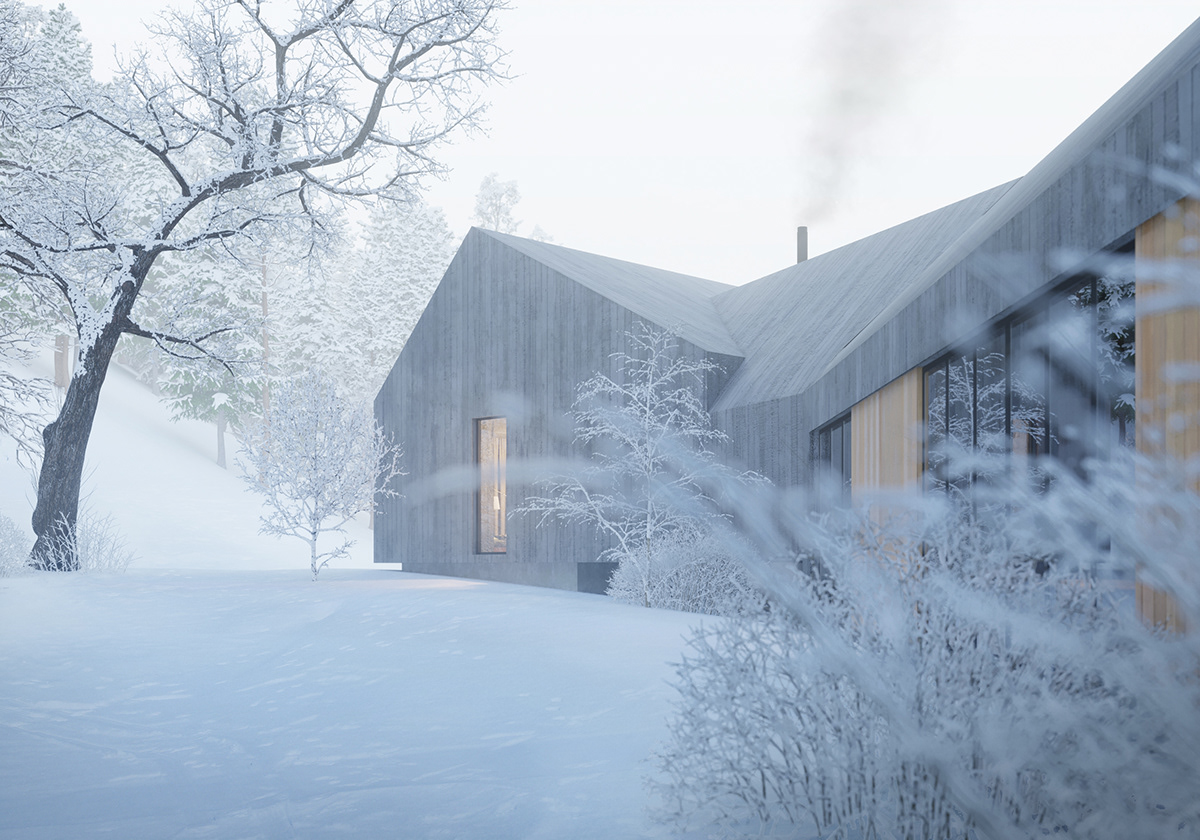 winter house snow modern minimalistic concrete wood architecture design