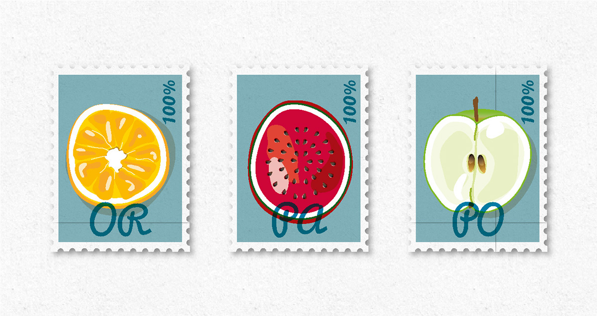 Fruit bottle box cardboard stamps colour stickers postcard vegetal juice