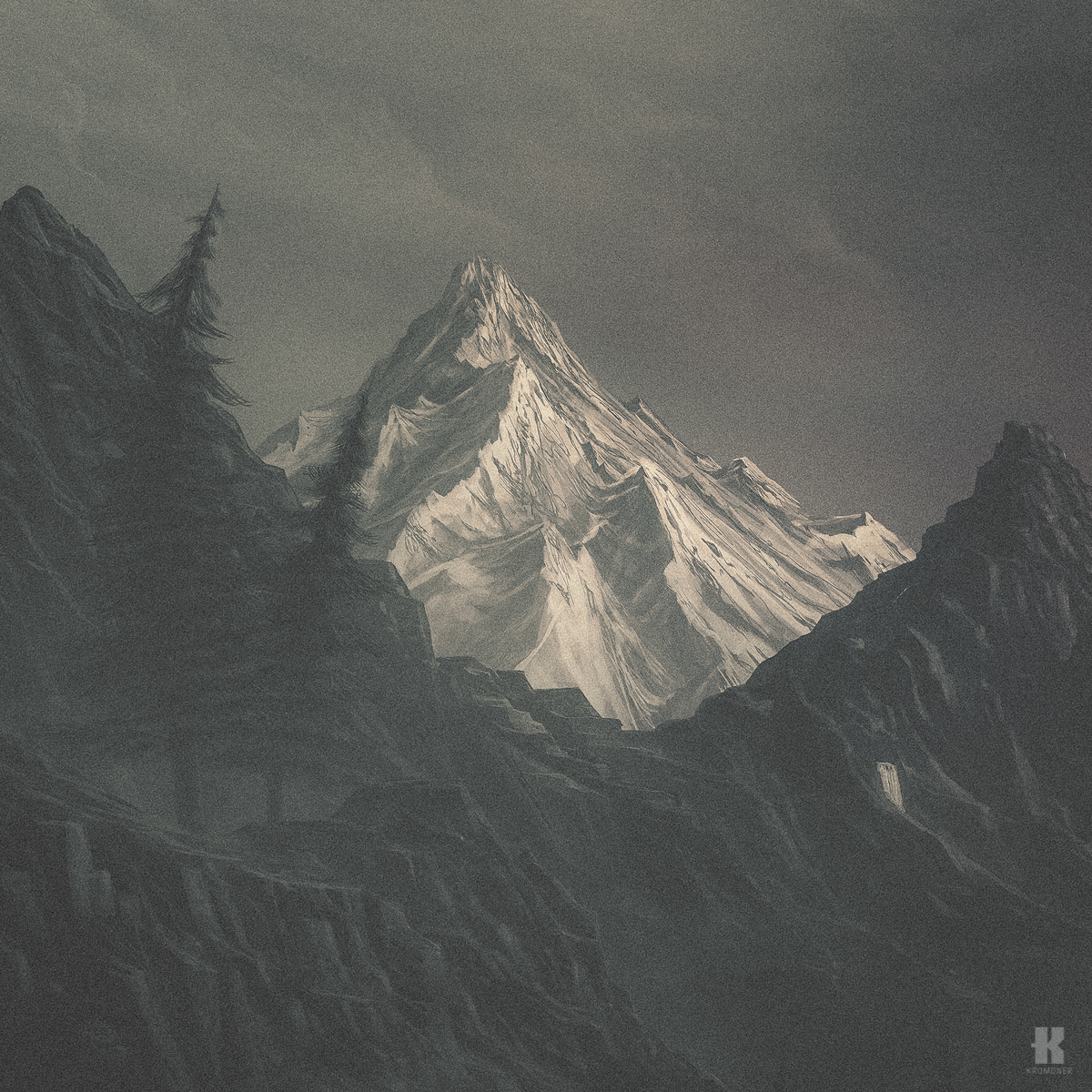Kromoner painting   Landscape dark Nature forest trees fog atmosphere mood