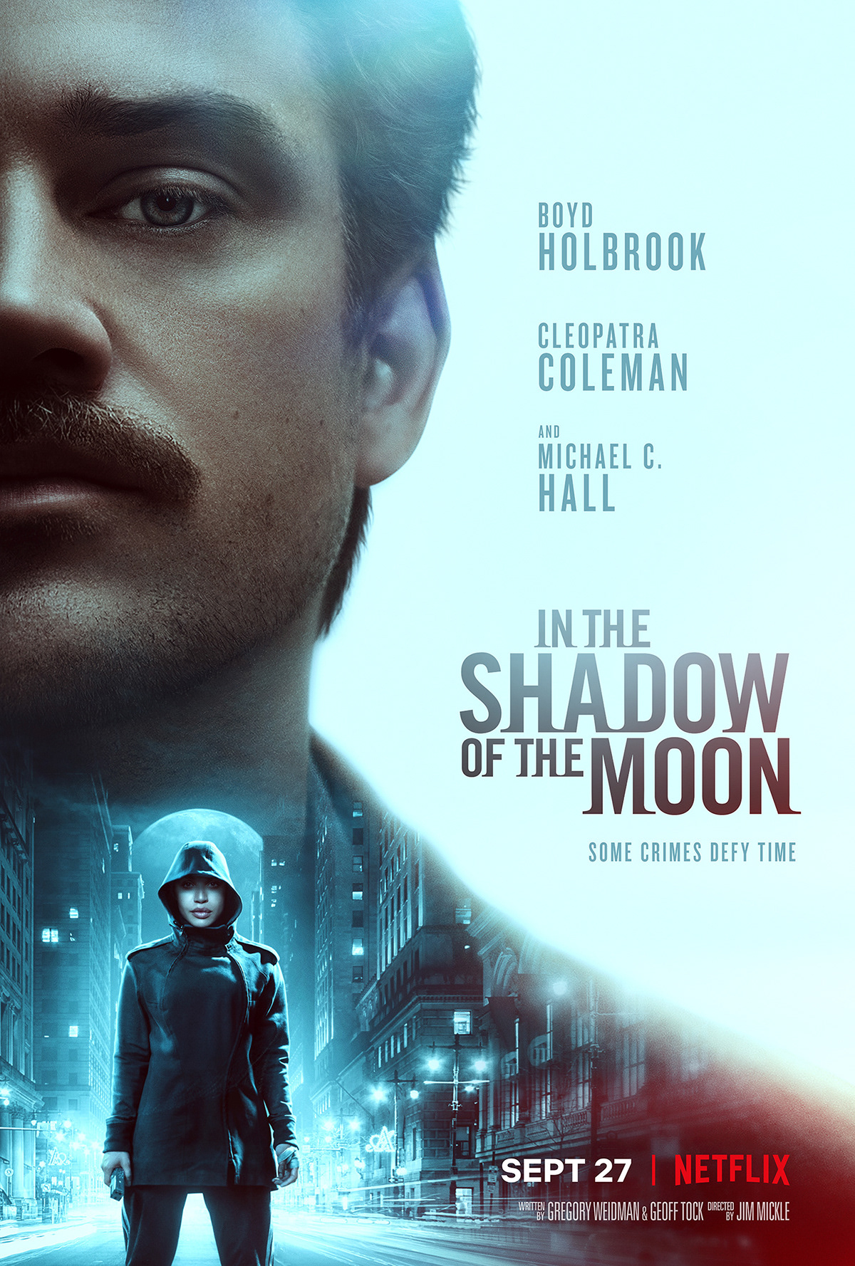 boyd holbrook Cleopatra Coleman film poster In The Shadow Of The Moon key art michael c hall movie poster Netflix one sheet poster