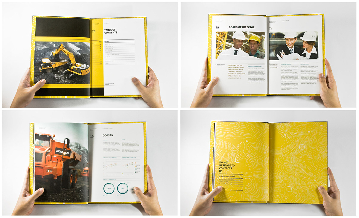 company profile yellow modern Layout heavy machinery bold black book annual report company industry industrial profile grey White