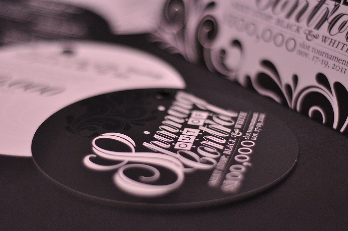soft touch invite Invitation casino Tournament black and white grommets Direct mail Spinning die cut